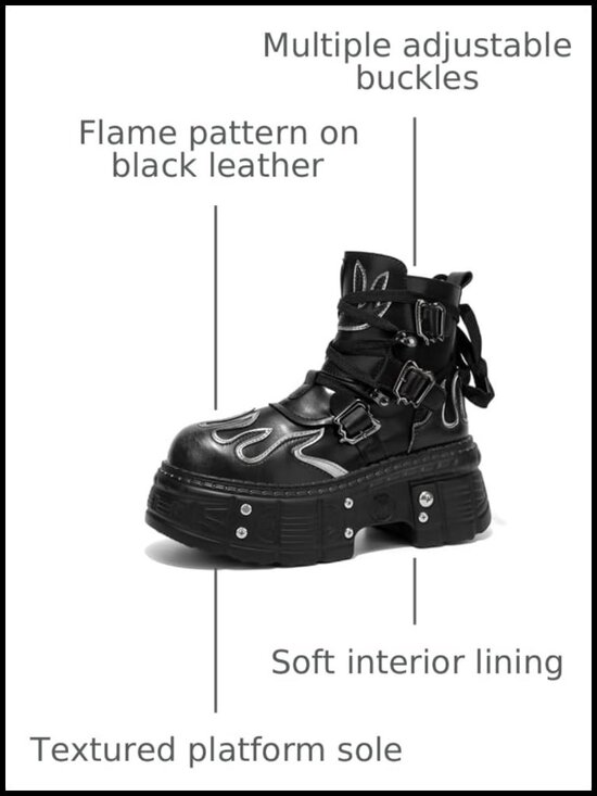 Men\'s Black Leather Platform Motorcycle Ankle Boots Flame Pattern Side Zipper main image 4